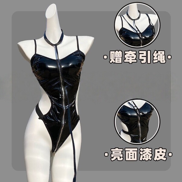 Sexy Latex-Style Backless Bodysuit Set - Provocative Role Play Outfit with Push-Up & Zipper Detail - [Zippered crotchless bodysuit + neck loop traction rope]