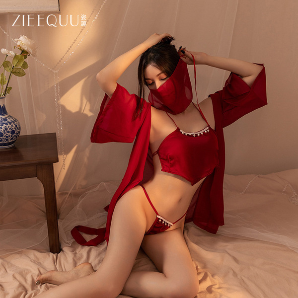 Zieequu ancient chinese lingerie set featuring silk hanfu bodysuit, sheer veil, and sensual sleepwear perfect for new year ro...