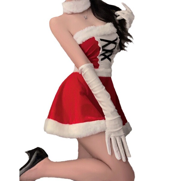 Sexy lace teddy outfit with festive design, perfect holiday costume for women. cute plush look with white gloves and black he...