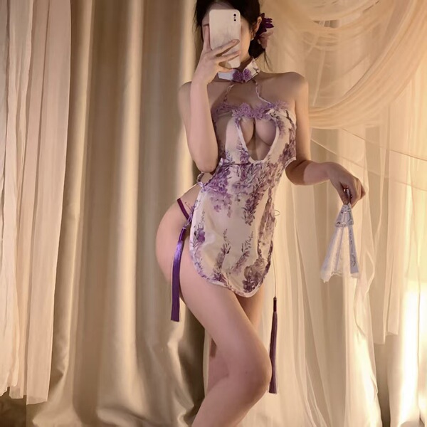 Lubei Vintage Chinese-Inspired Lingerie Set – Plus Size Hanfu-Style Busty Bodysuit, Modest Yet Alluring Sleepwear Ensemb - Purple Elegance Beauty [Cheongsam + T-shirt]