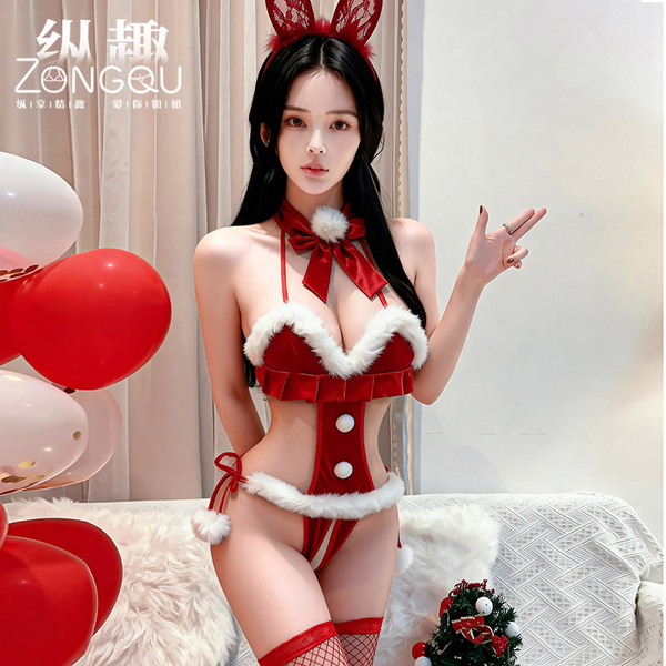 Sexy christmas lingerie set - new year bodysuit with open-crotch design, seductive uniform style outfit