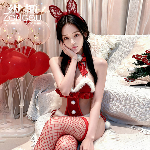 Sexy christmas lingerie set - new year bodysuit with open-crotch design, seductive uniform style outfit