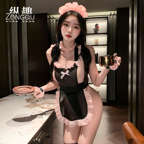 Sexy maid costume for women featuring adjustable ties and lace, perfect for roleplay outfits.