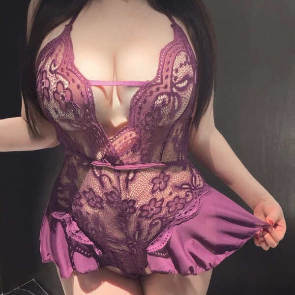 Zuijiao plus size sexy lace bodysuit for women - purple, featuring intricate lace design, open-crotch style, perfect for slee...