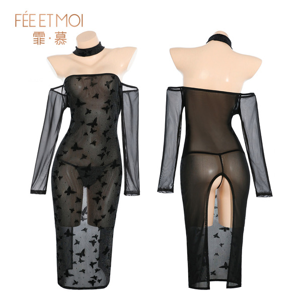 Feimu sexy lingerie night dress - sheer split bodycon slip dress with butt cutout, no-remove sleepwear zy128