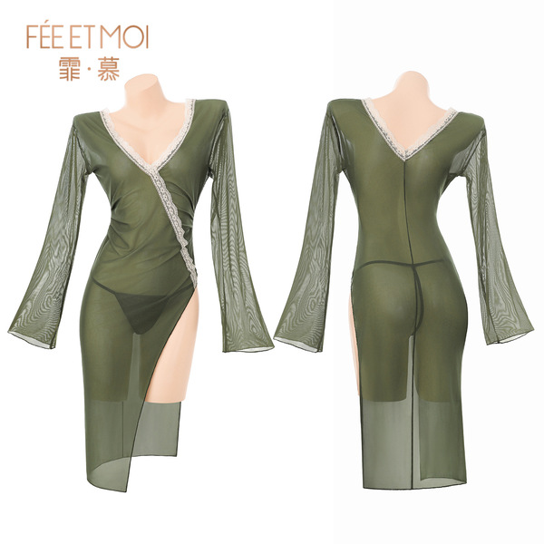 Feimu miji chinese zen-inspired deep v cheongsam sleepwear - sexy no-remove slip dress zy165, elegant green design with sheer...