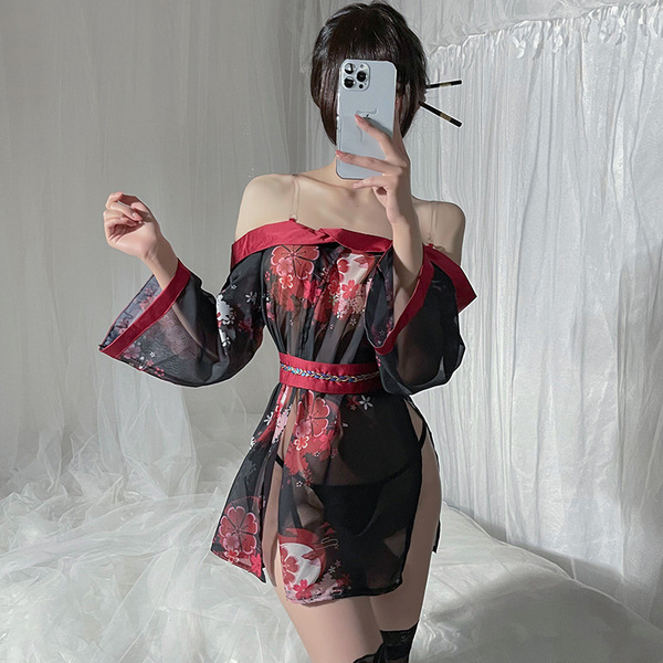 Gorgeous style sensual off-shoulder kimono sheer robe - japanese-inspired role play lingerie for women, featuring floral patt...