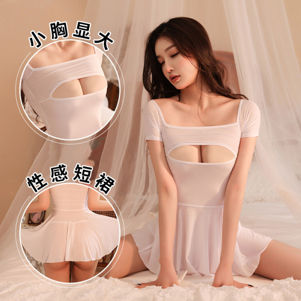 Woman wearing ice silk transparent tight lingerie set with revealing chest dress and sexy bodycon mini skirt.