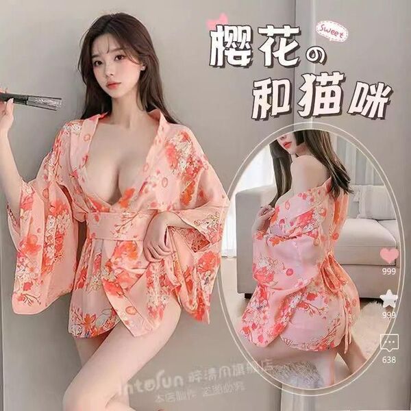 Japanese cherry blossom lace corset robe set - sexy sheer kimono-inspired lingerie ensemble featuring floral patterns and d...