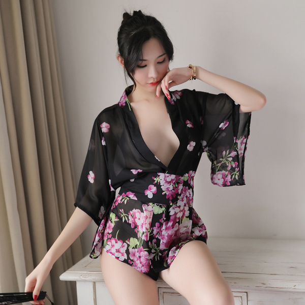 A woman poses elegantly in a black floral japanese kimono-style lingerie set, perfect for cosplay and costume parties.