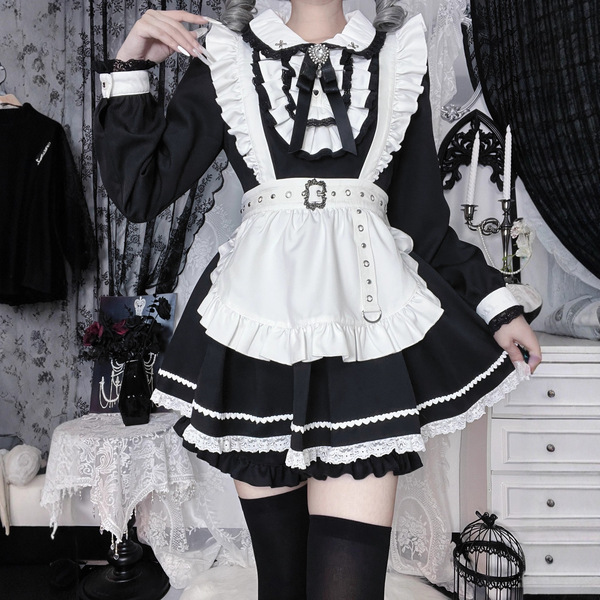 Japanese style lolita dress - sweet & edgy black white maid cosplay costume, aesthetic subculture outfit featuring ruffled co...