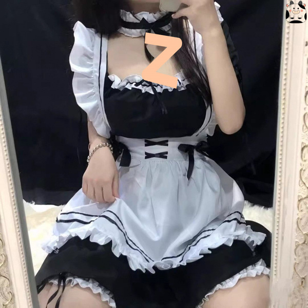 Japanese maid costume for women featuring a plus-size anime lolita dress with apron and headband, cute student style outfit.