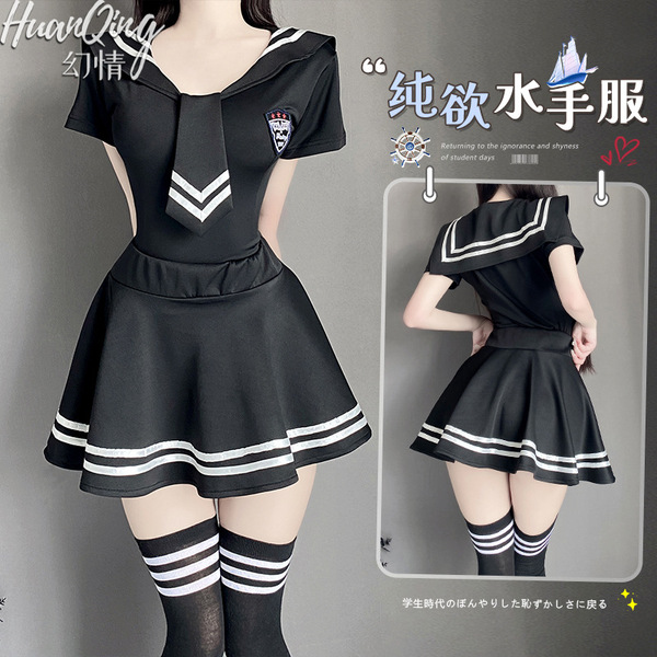 Japanese schoolgirl sailor uniform outfit featuring a black skirt and top with white accents, perfect for youthful style.