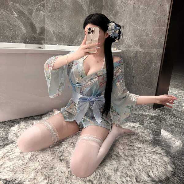 Sexy japanese-style kimono lingerie set with sheer floral robe, matching bra briefs, and white lace-top stockings.