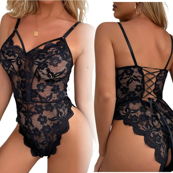Luxury lace bodysuit featuring sheer fabric with floral patterns, open back design, and delicate lace detailing for womens sl...
