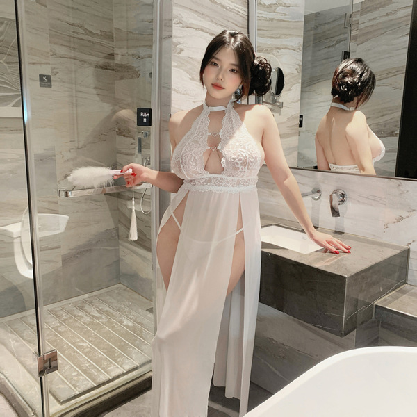 Elegant lace nightgown featuring heart neck strap design, sheer mesh fabric with side slits, perfect for a seductive sleep dr...