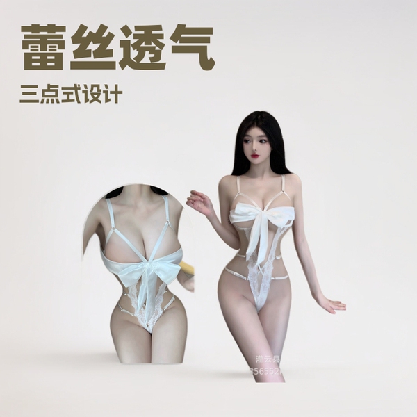 Woman modeling white lace three-piece lingerie set with bow detail, featuring seductive bra and matching sleepwear.