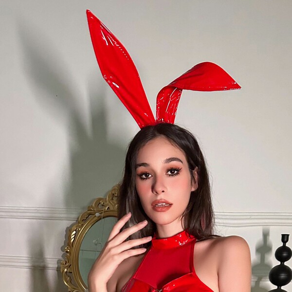 Red leather bunny ears headband, perfect for cosplay events, photoshoots, and parties. adorable handmade accessory featuring ...