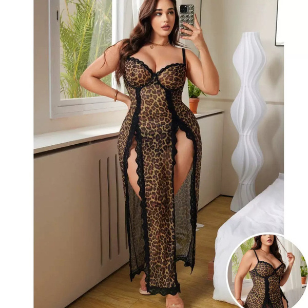 Leopard print sheer lace chemise set - sexy bridal lingerie nightwear for women, featuring elegant design with sheer fabric a...