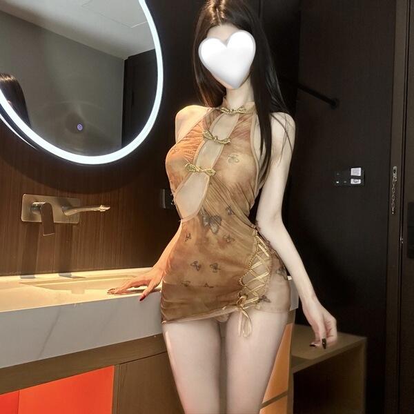 Sheer vintage cheongsam sleepwear with cut-outs and lace-up sides, styled as lingerie for plus size allure.