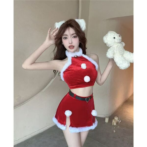 Sexy red velvet santa-themed lingerie set featuring a mini skirt with lace trim and adjustable straps, perfect for festive oc...