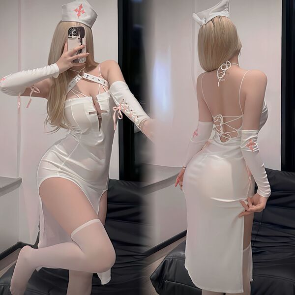 Gyun nun costume lingerie set featuring a gothic anime hook-neck long dress, perfect for halloween cosplay and roleplay.