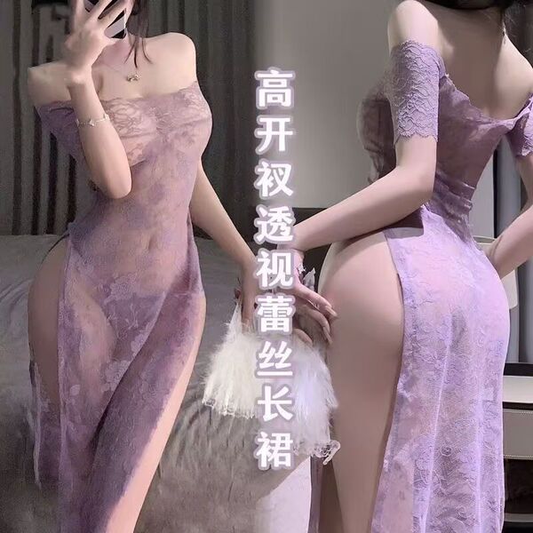 Woman modeling a purple lace cheongsam dress with an off-shoulder neckline, high slit, sheer fabric, and backless cutout desi...