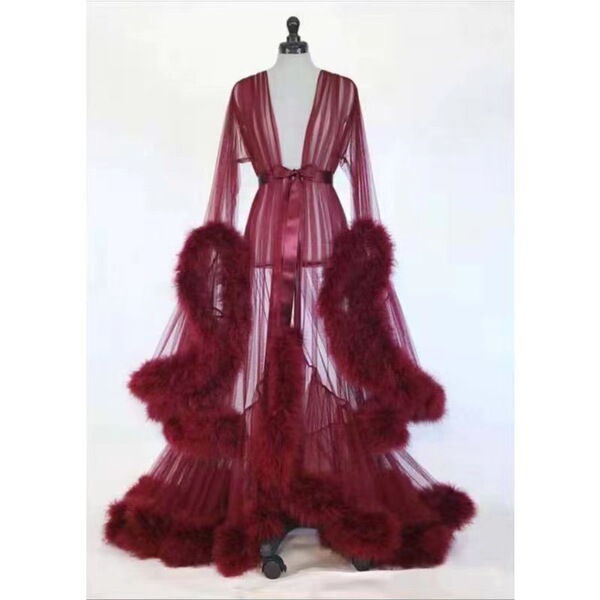 Sexy feather sheer nightgown featuring long sleeves, lace trim, flared design, and train for an elegant style look.