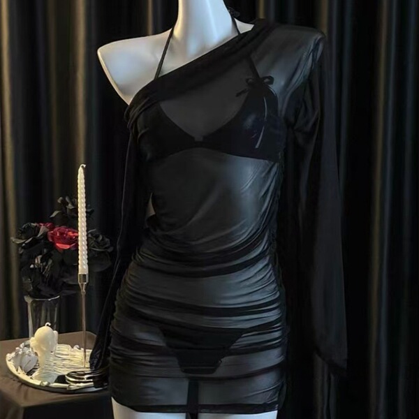 Sexy off-shoulder sheer bodycon dress with long sleeves, lingerie-inspired design for women.