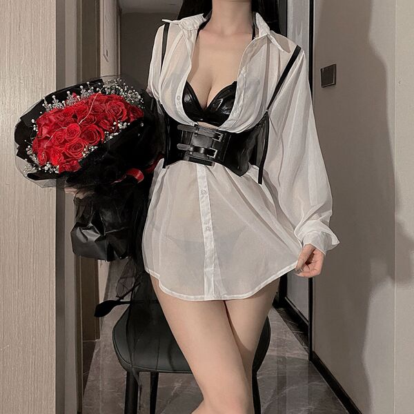 White lace sexy uniform set featuring long sleeve shirt with strap harness, perfect for role play and cosplay.