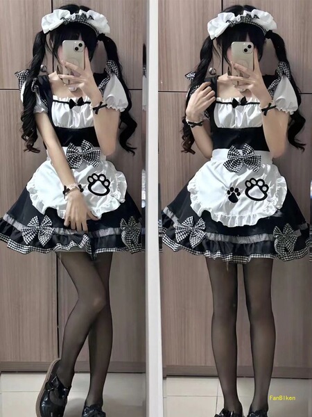 Cute maid costume cosplay dress featuring cat ears, soft lolita design with ruffles and bows, perfect for anime girls and sof...