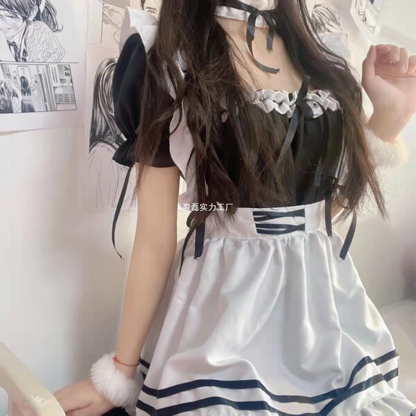 A maid costume cosplay outfit featuring a cute anime lolita dress with puffy sleeves, white apron, and fluffy cuffs, perfect ...