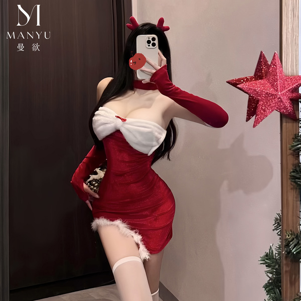 Mandyu christmas bunny girl outfit - red sexy mesh bodysuit & thigh-highs holiday costume for women, festive red dress with w...