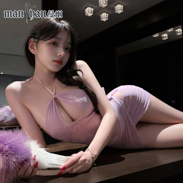 Woman modeling mannyan purple lingerie dress - sheer slip with cleavage accent, bodycon fit, and feather accessory.