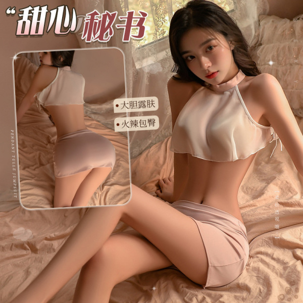 Woman modeling mannyan sexy lace bodysuit set with sheer off-shoulder bralette and high-waisted mini skirt on bed.