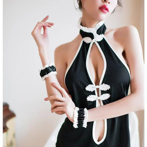 Elegant vintage cheongsam sleepwear set featuring high-slit backless design, mandarin collar, and frog closures for a classic...