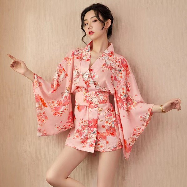Elegant pink floral design, deep v neckline, cherry blossom print, soft fabric, perfect for sleepwear or loungewear.