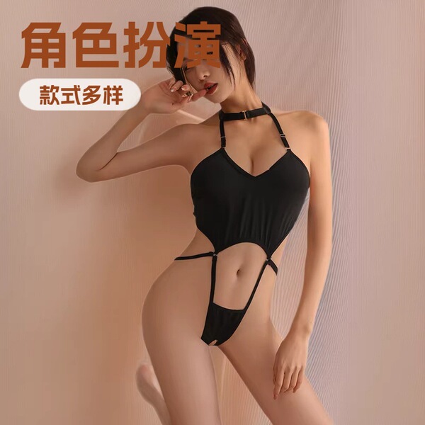 Mannyqing black lace bodysuit with cut-outs and hook-neck design for small busts, showcasing a sexy one-piece set.