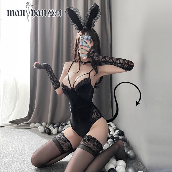 Woman wearing manyan sexy lingerie set - pure & tempting velvet bunny costume with open-crotch bodysuit for role play, featur...