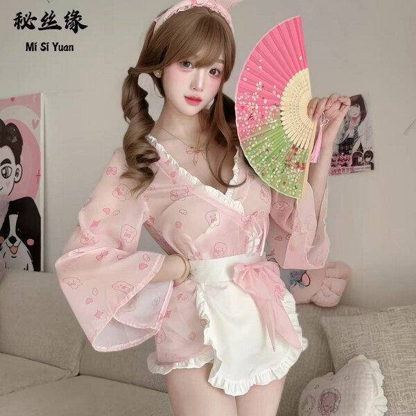 Elegant japanese-inspired kimono-style maid sleepwear dress featuring floral prints, perfect for spring.