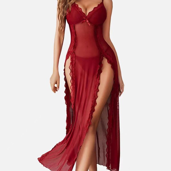Sexy red lace sleep set featuring v-neck backless design with sheer mesh camisole and matching shorts, perfect for women seek...