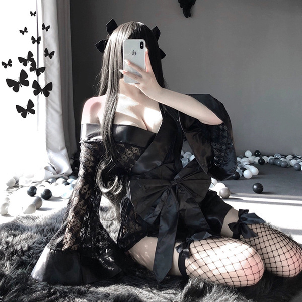 Sexy oshilin japanese lace kimono lingerie set with fishnet stockings for role play, perfect for cosplay maid costume.