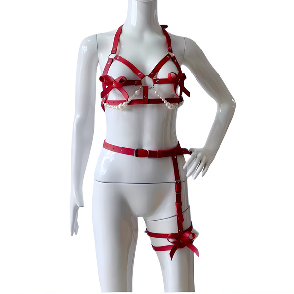 Sexy pearl leather corset set featuring adjustable straps and bows, perfect for couples seeking body shaping with stylish des...