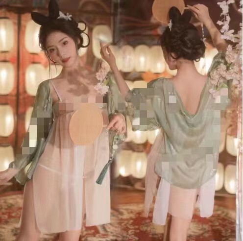 Elegant new plus size hanfu sleep set featuring ancient chinese style bodysuit and chiffon sleep skirt, perfect for women see...
