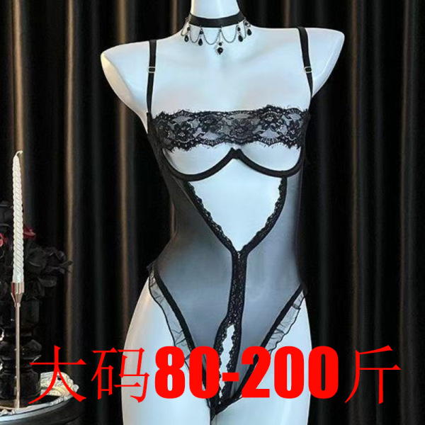 Plus size lace bodysuit with wire-free push-up, open-crotch design, perfect for sexy bedroom lingerie.