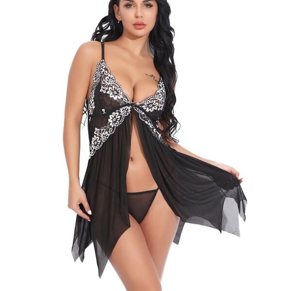 Elegant black lace bodysuit dress with sheer fabric, featuring delicate floral patterns and adjustable straps, perfect for wo...