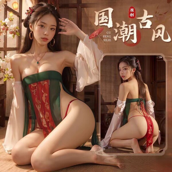 Model wearing plus size tang dynasty print bandeau dress, a sexy hanfu-inspired lingerie with backless design and flowing sle...