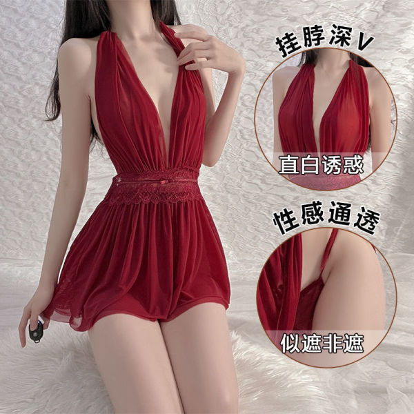Woman wearing a red sheer sleep dress with deep v-neck and lace waist detail, part of the pure & playful lingerie sleep set.