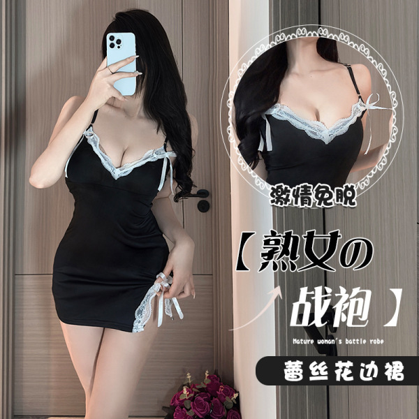 Woman modeling black lace bodysuit with sheer mesh and padded bra, perfect for lounge or nightwear.