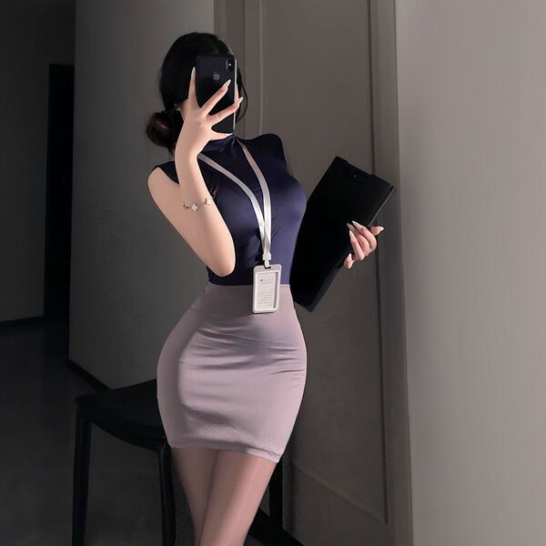 Woman in stylish secretary skirt and top, holding folder and phone, showcasing pure & tempting lingerie set for a chic, allur...